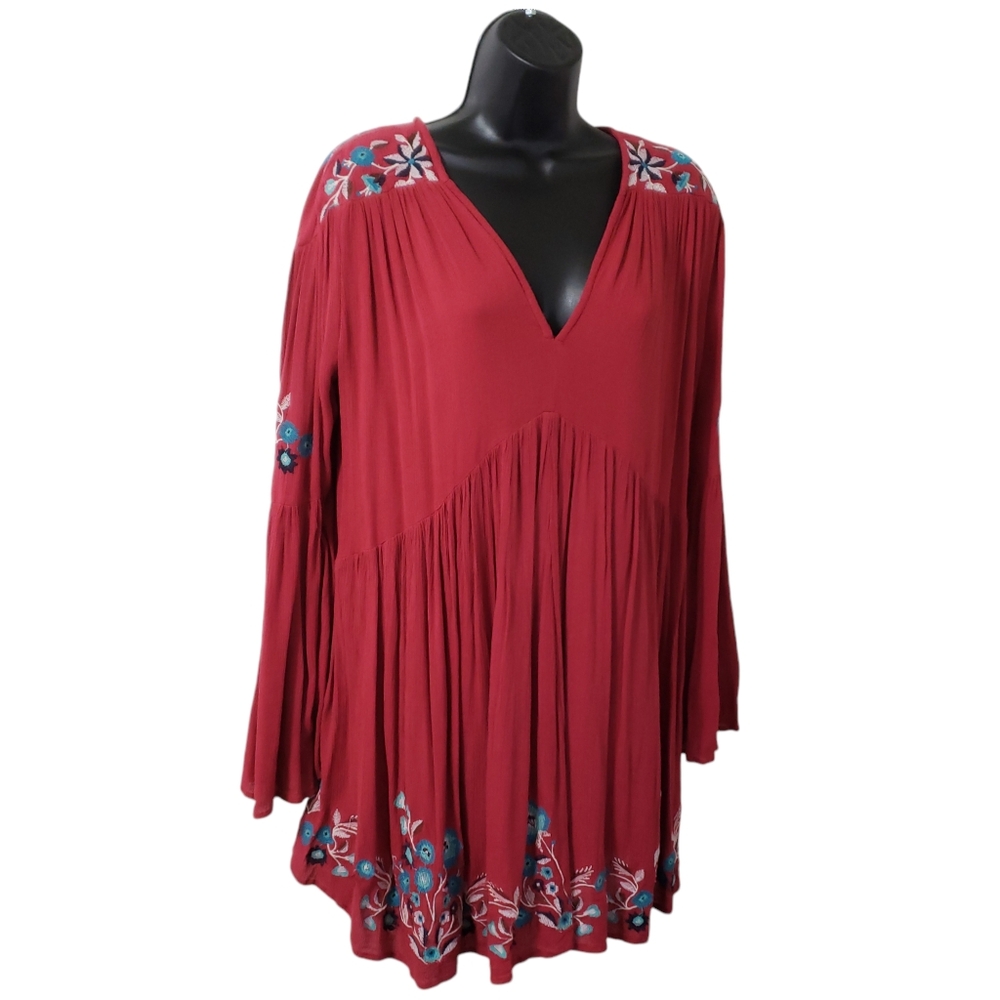 Free People Te Amo Red Floral Embroidered Babydoll Dress XS Boho Peasant Flowy - Picture 2 of 13